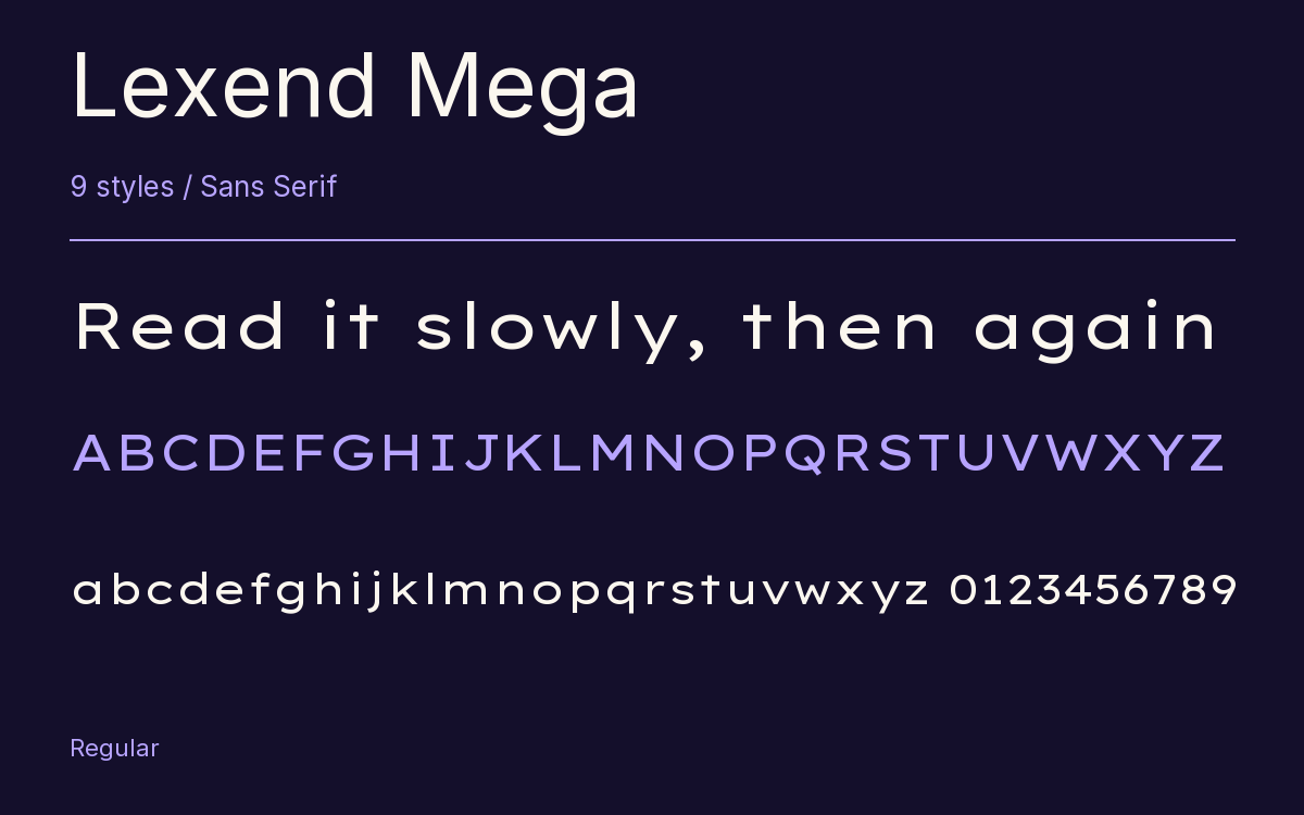 Lexend Mega type specimen with letters and figures