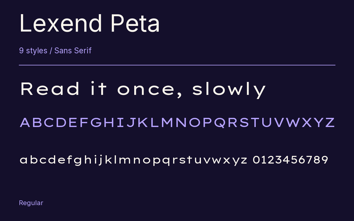Lexend Peta type specimen with letters and figures