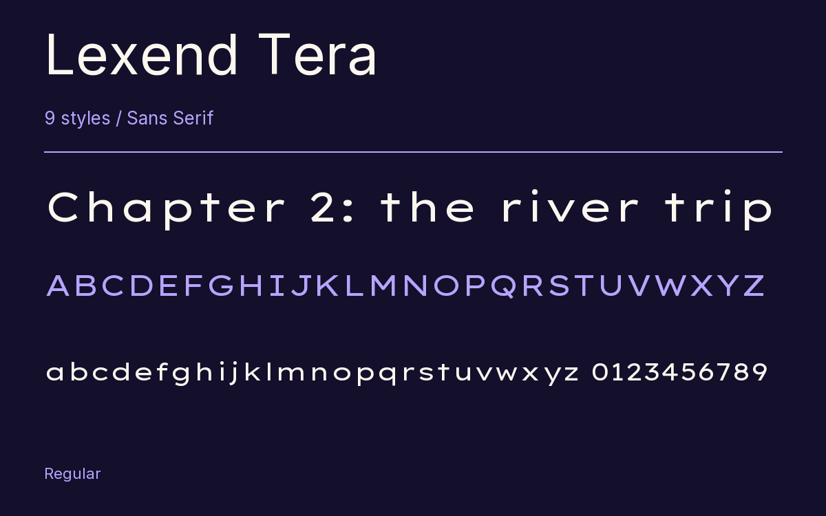Lexend Tera type specimen with letters and figures