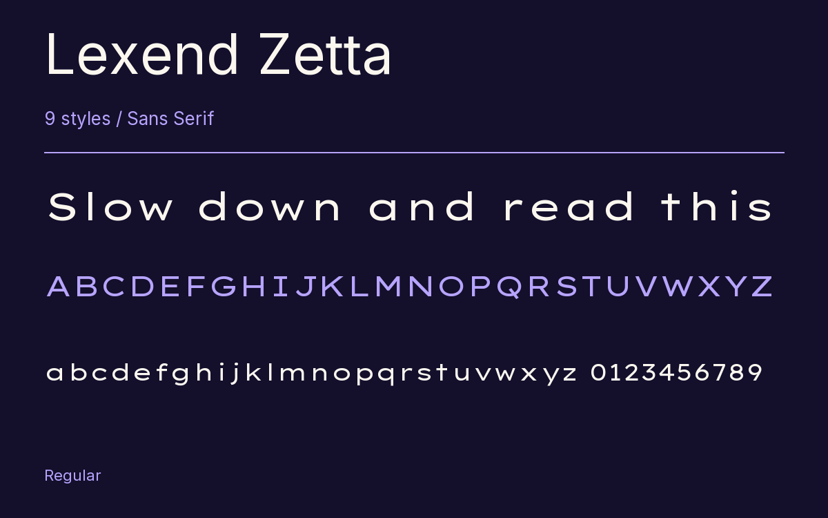 Lexend Zetta type specimen with letters and figures