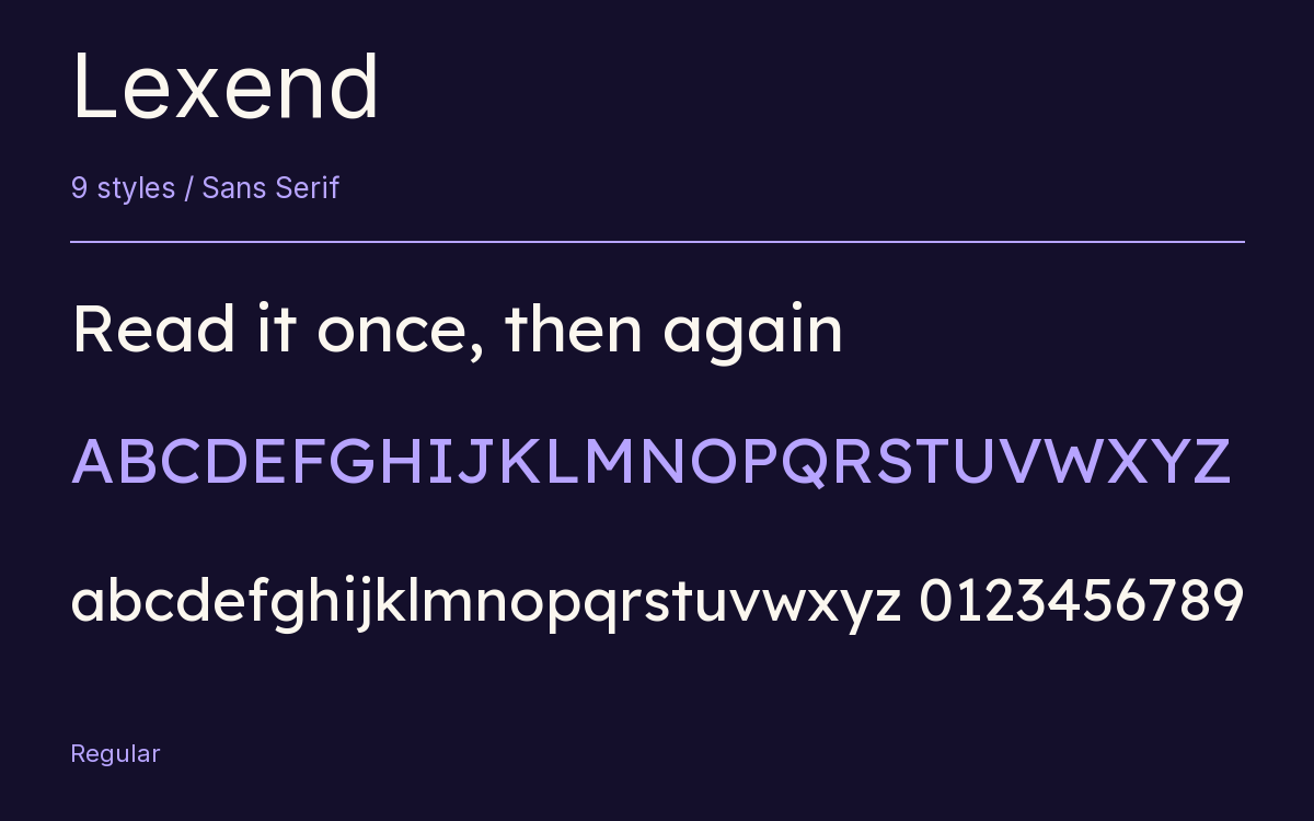 Lexend type specimen with letters and figures