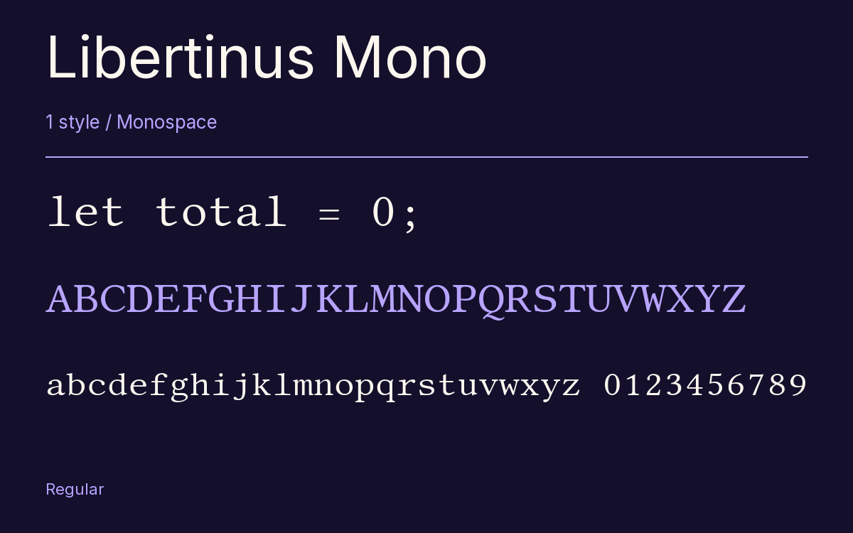 Libertinus Mono type specimen with letters and figures