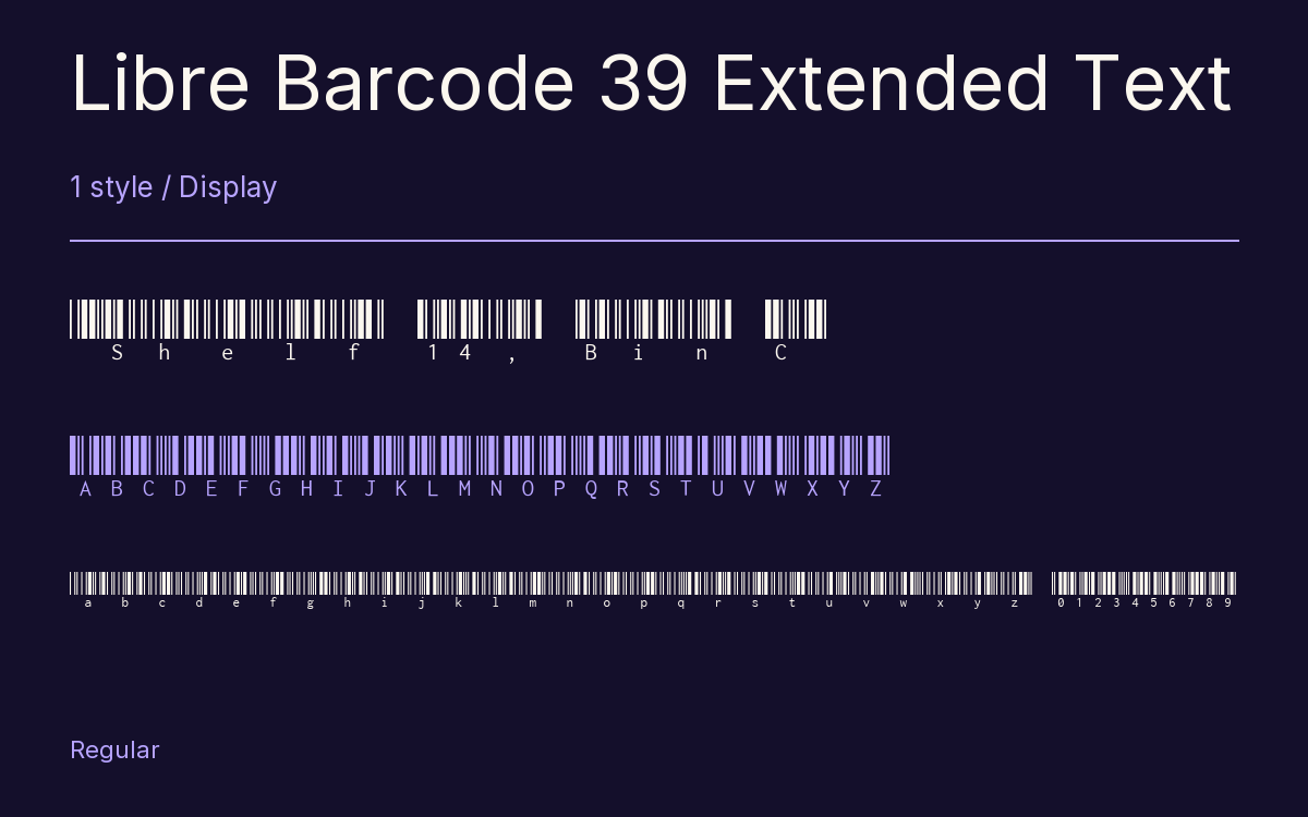 Libre Barcode 39 Extended Text type specimen with letters and figures