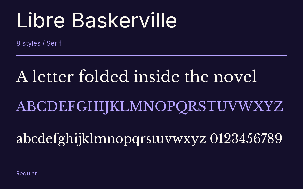 Libre Baskerville type specimen with letters and figures