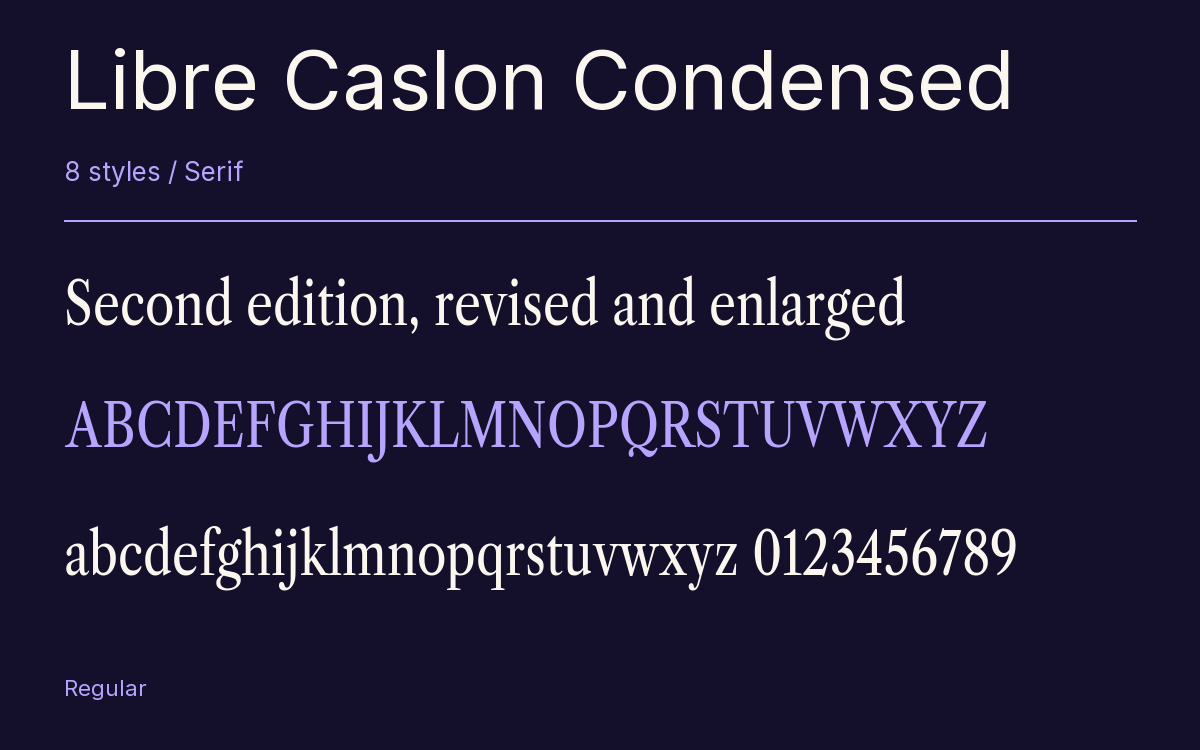 Libre Caslon Condensed type specimen with letters and figures