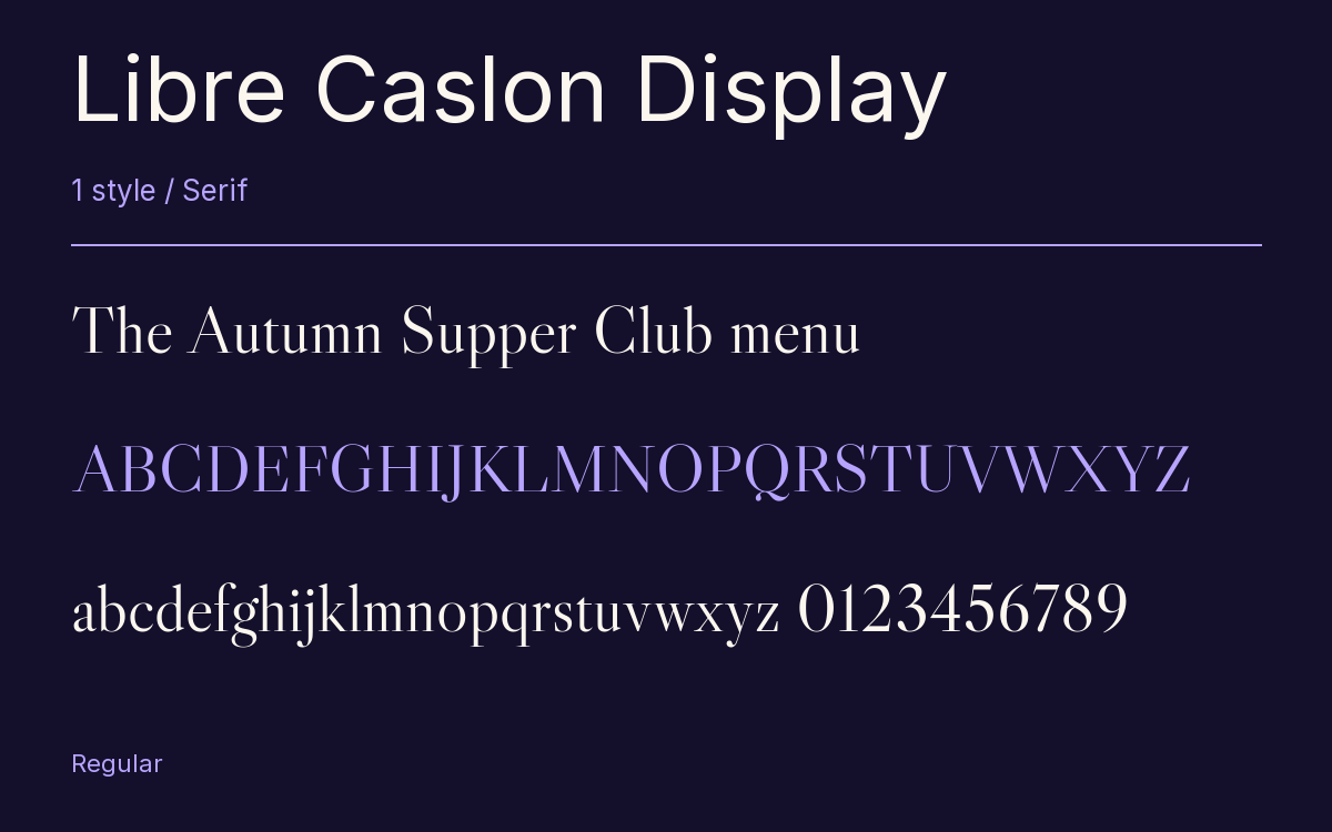 Libre Caslon Display type specimen with letters and figures