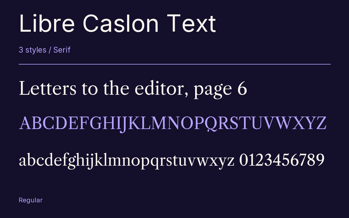 Libre Caslon Text type specimen with letters and figures