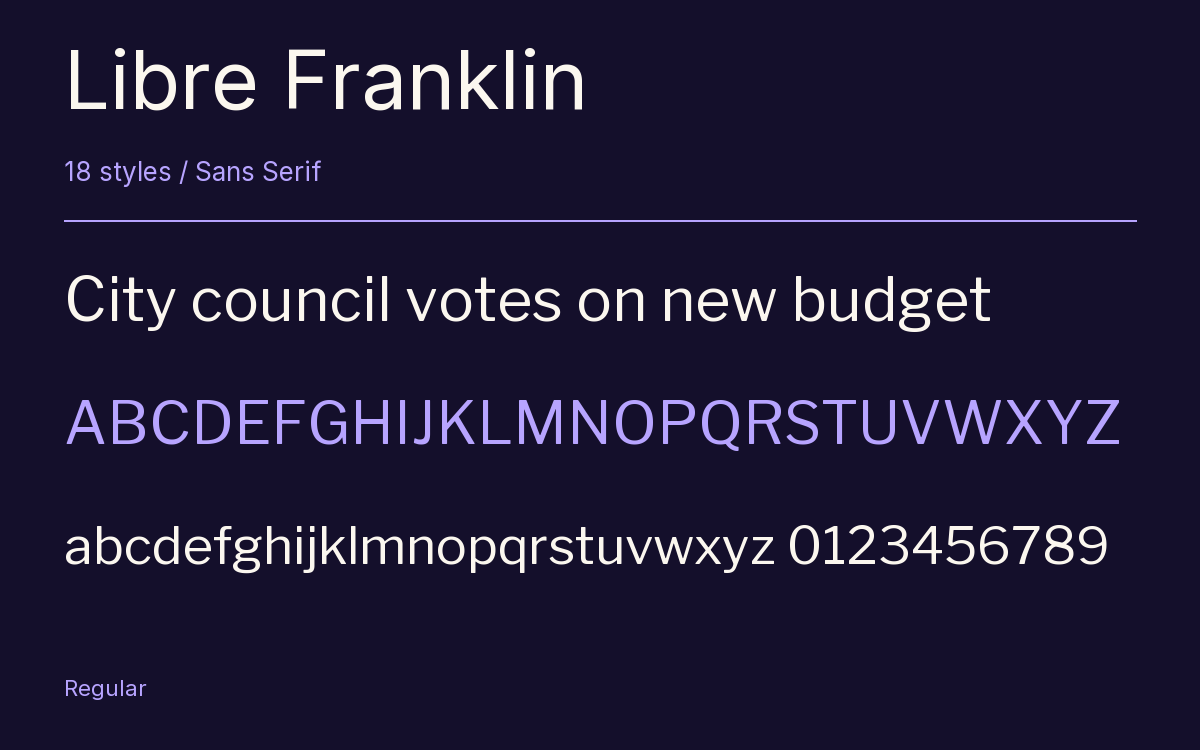 Libre Franklin type specimen with letters and figures