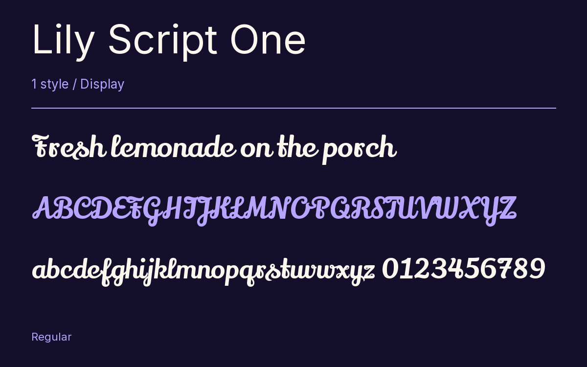 Lily Script One type specimen with letters and figures
