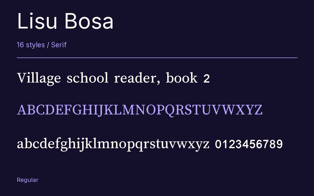 Lisu Bosa type specimen with letters and figures