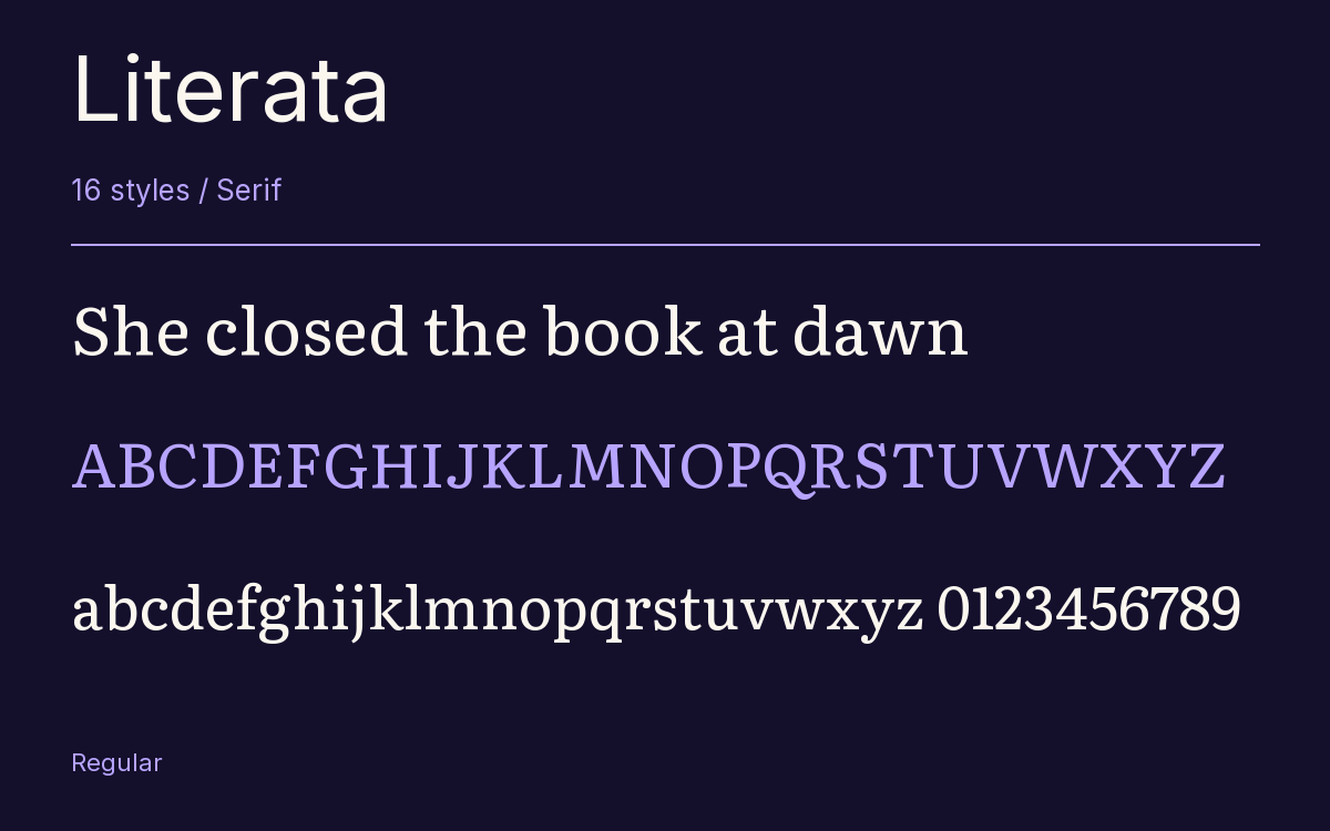 Literata type specimen with letters and figures