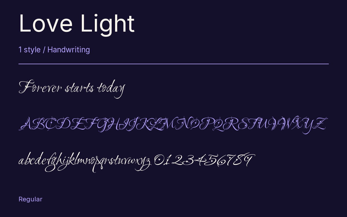 Love Light type specimen with letters and figures