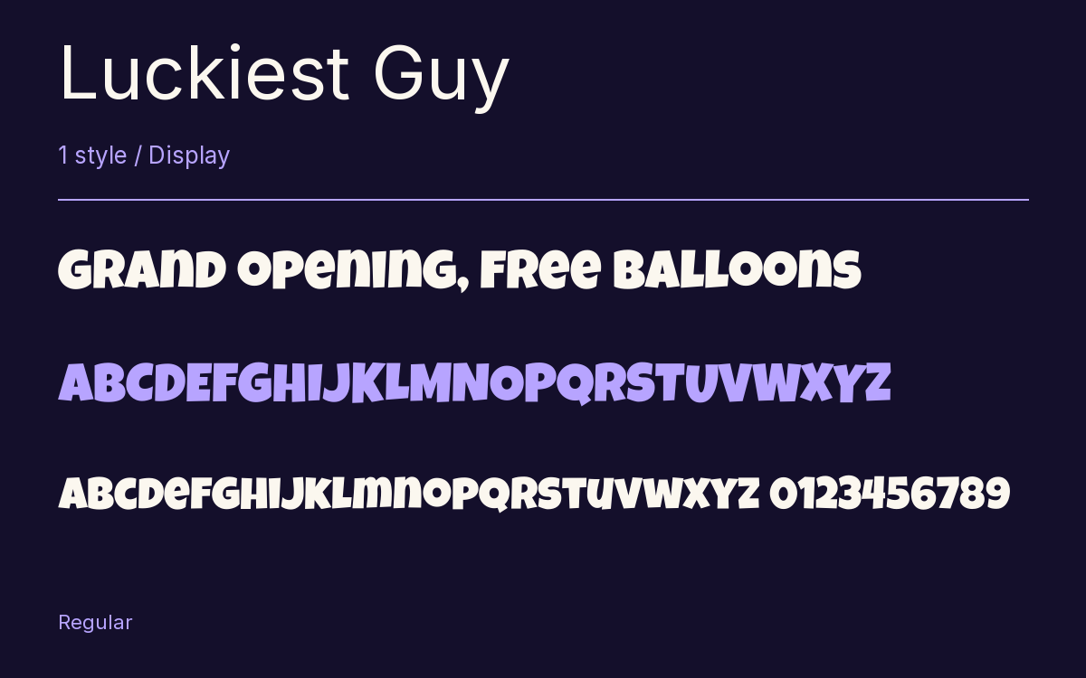 Luckiest Guy type specimen with letters and figures