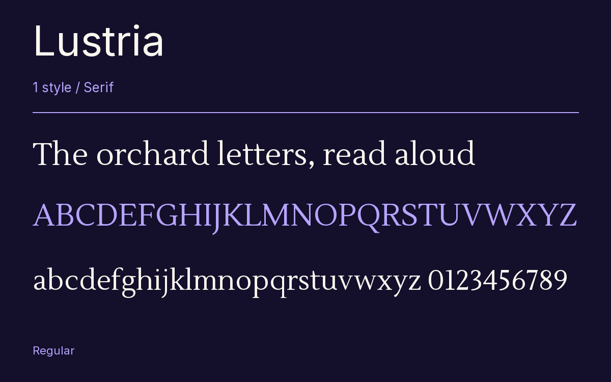 Lustria type specimen with letters and figures