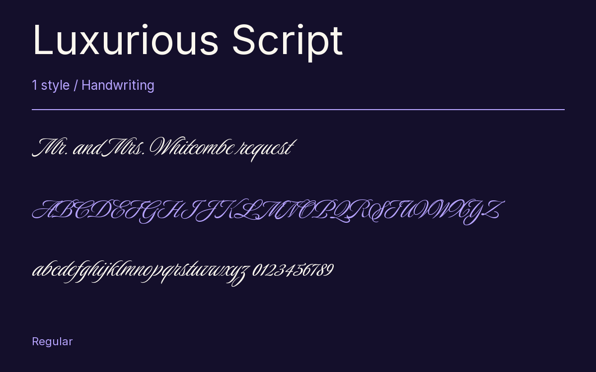 Luxurious Script type specimen with letters and figures