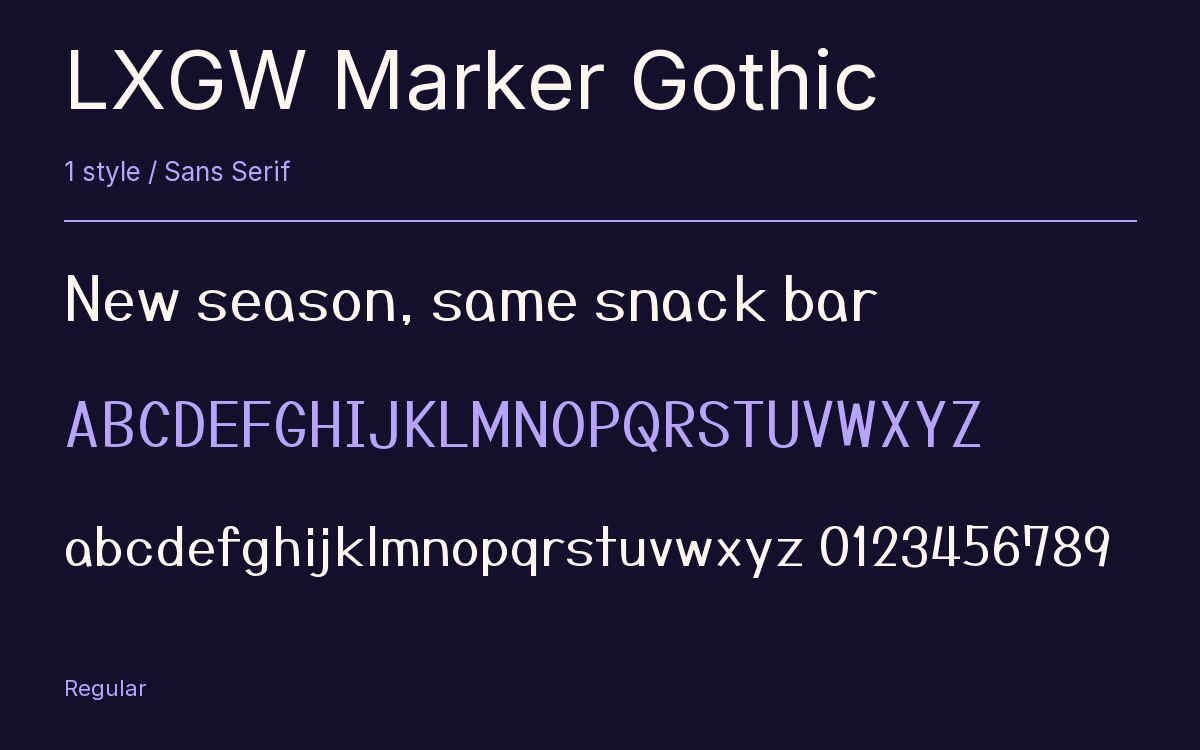 LXGW Marker Gothic type specimen with letters and figures