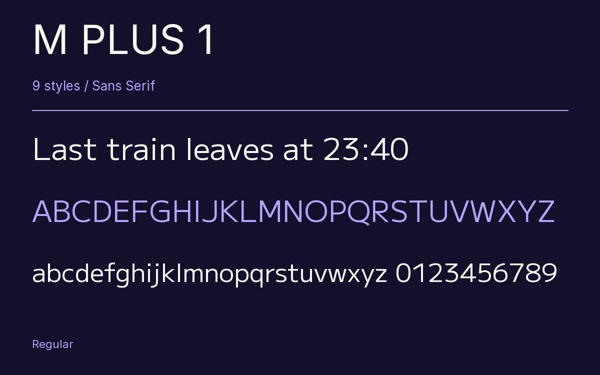 M PLUS 1 type specimen with letters and figures
