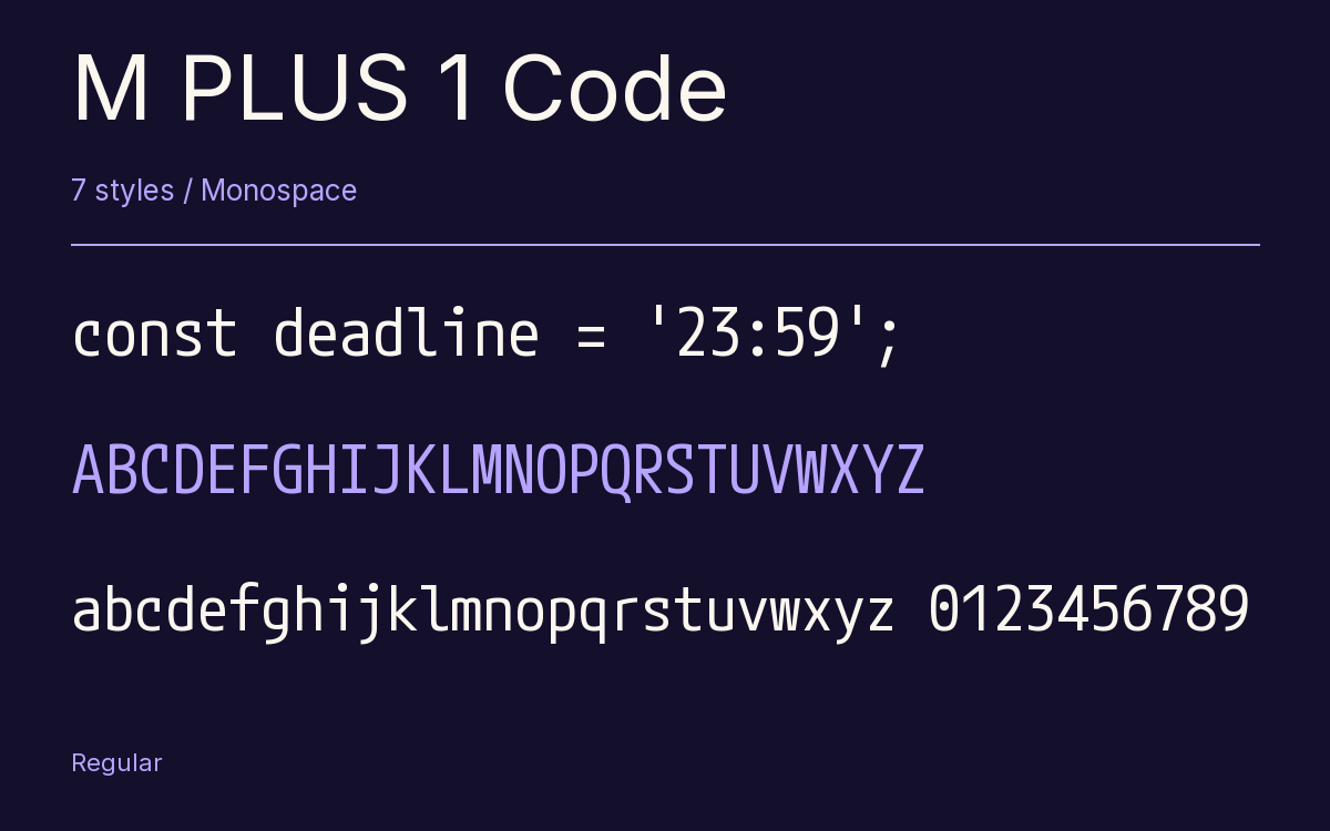 M PLUS 1 Code type specimen with letters and figures