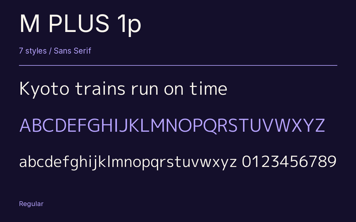M PLUS 1p type specimen with letters and figures