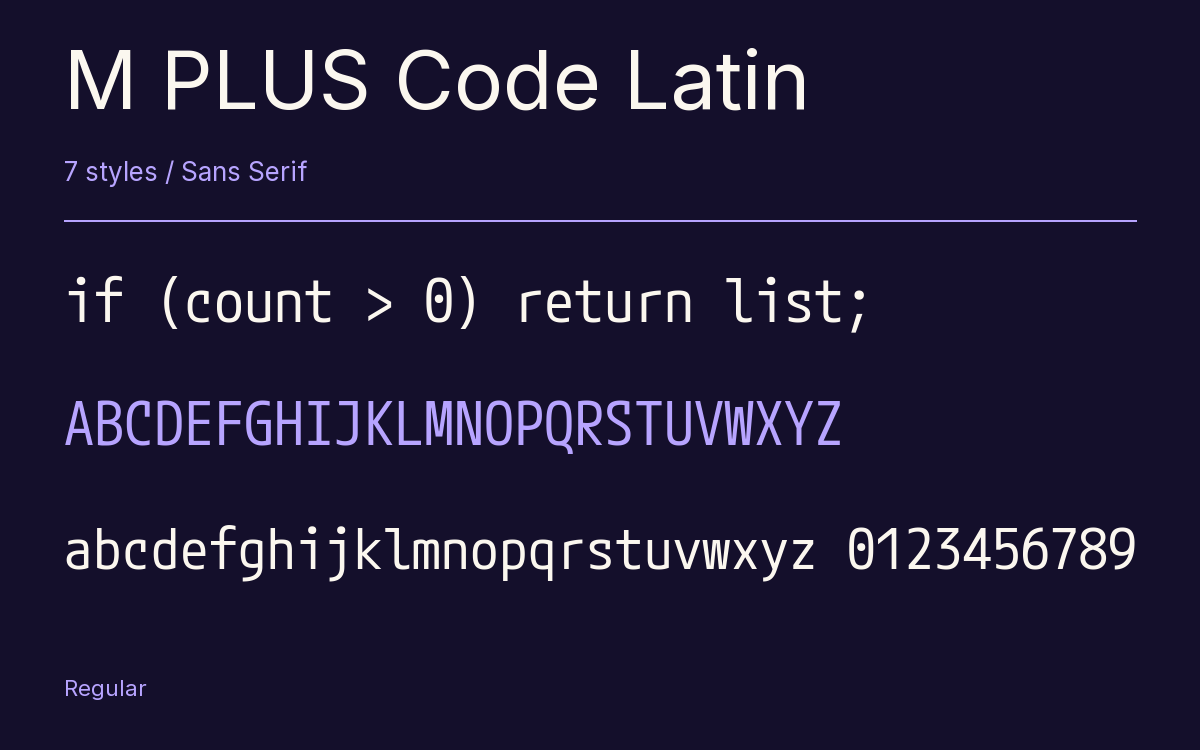 M PLUS Code Latin type specimen with letters and figures
