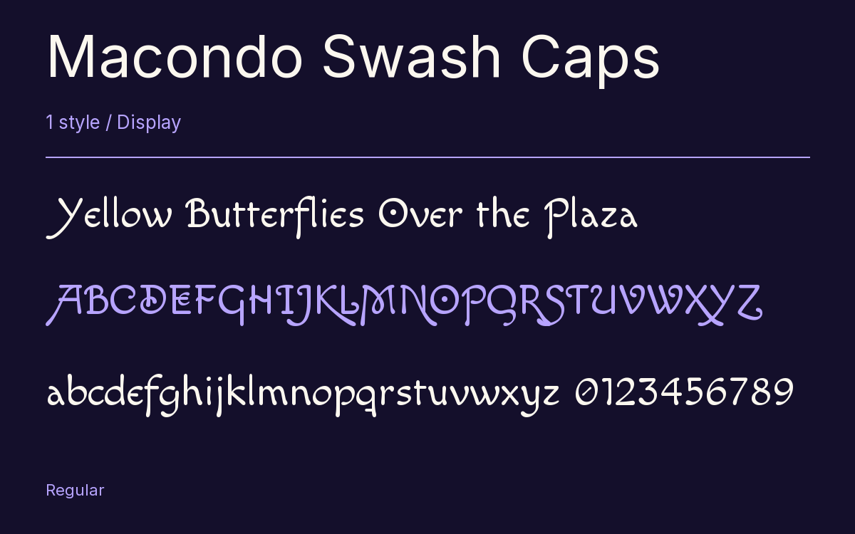 Macondo Swash Caps type specimen with letters and figures
