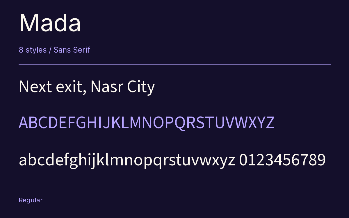 Mada type specimen with letters and figures