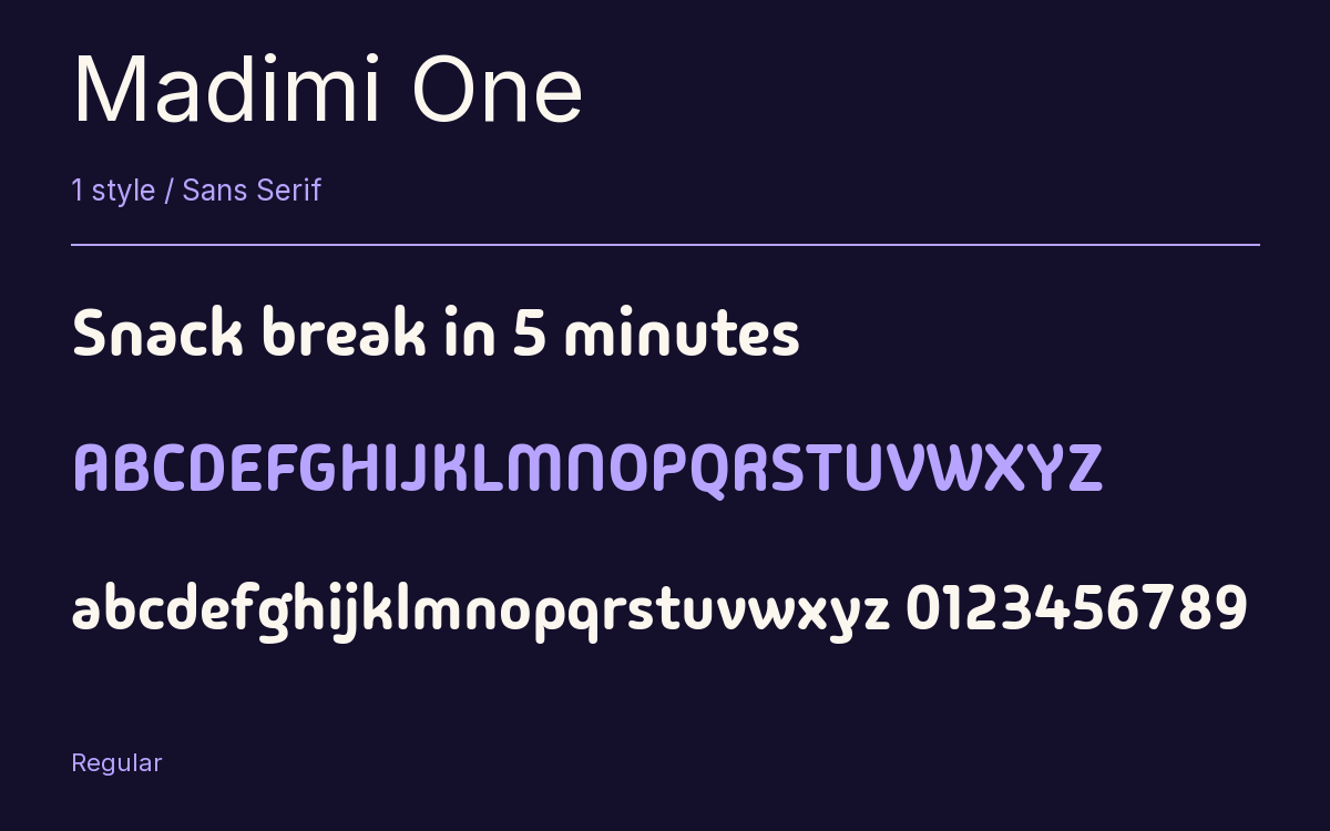 Madimi One type specimen with letters and figures