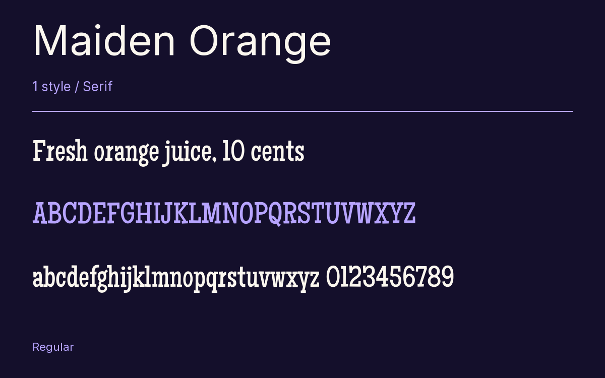 Maiden Orange type specimen with letters and figures