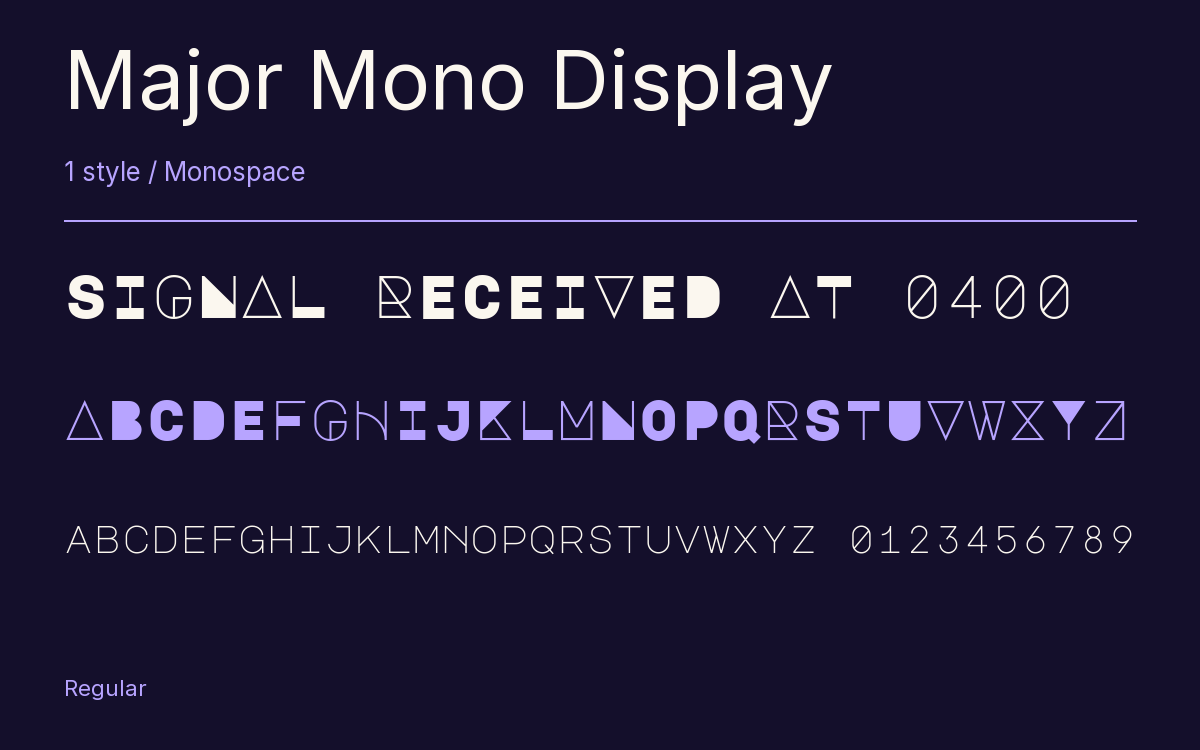 Major Mono Display type specimen with letters and figures