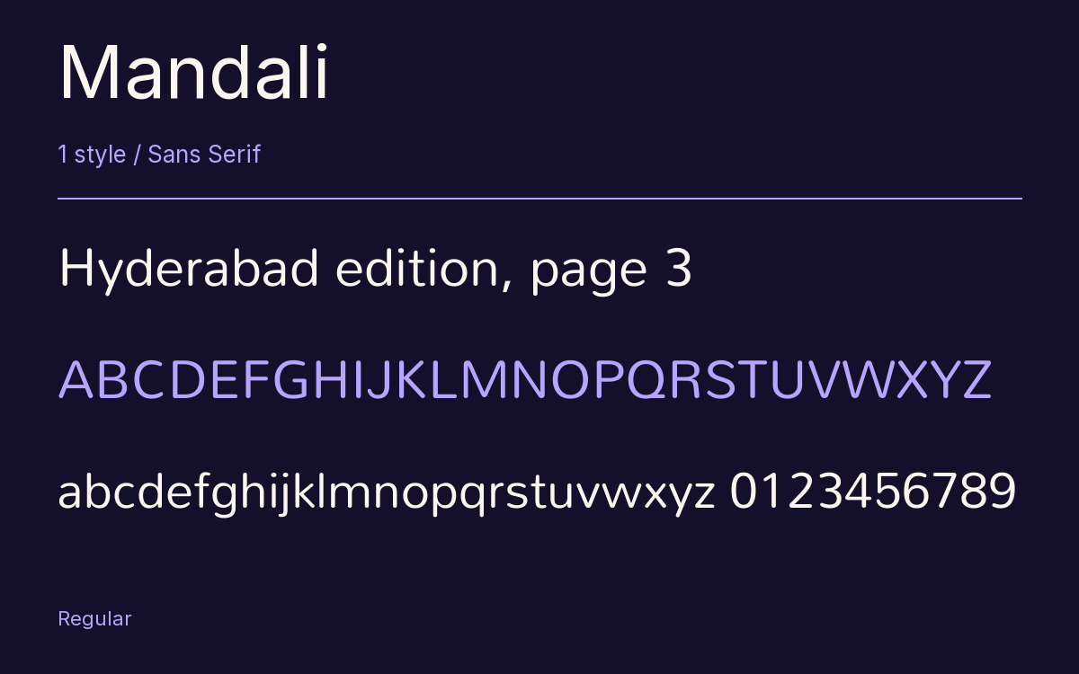 Mandali type specimen with letters and figures
