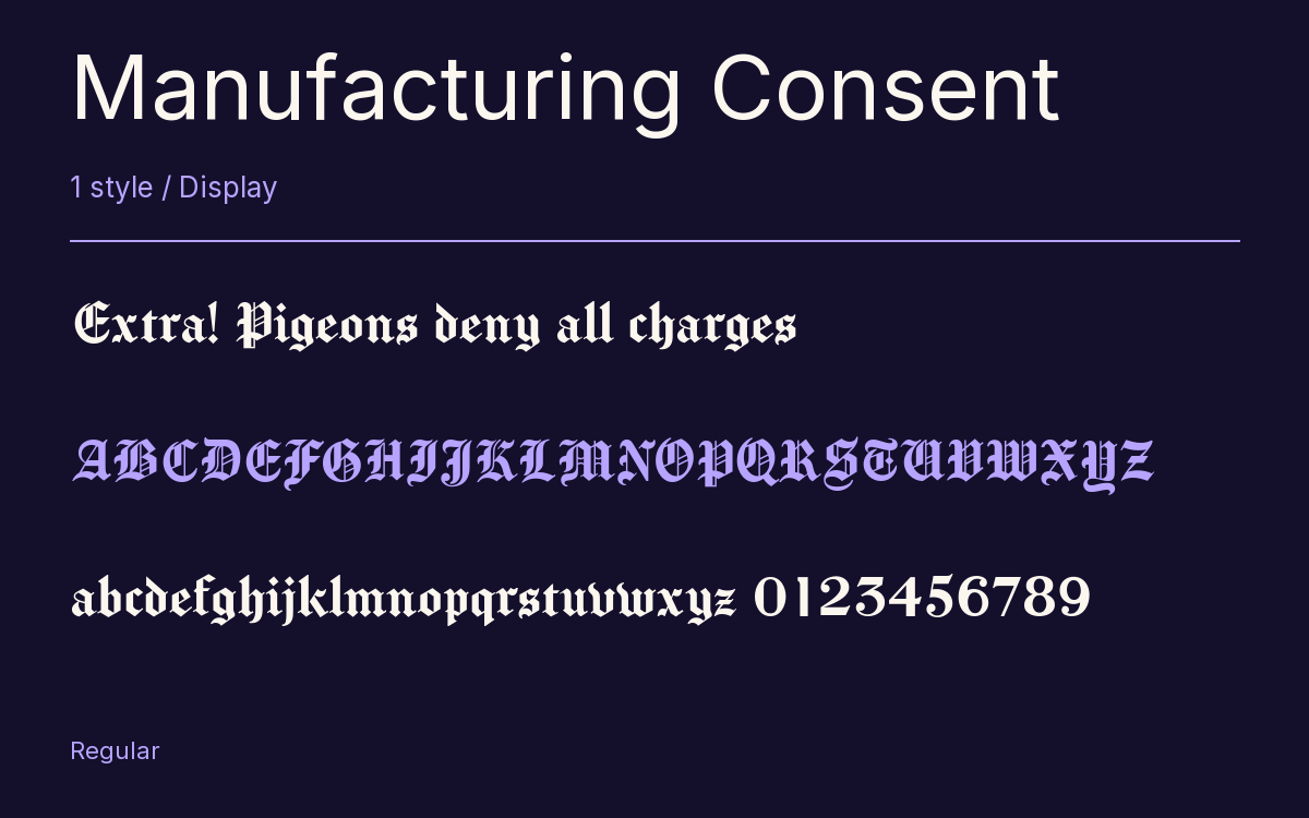 Manufacturing Consent type specimen with letters and figures