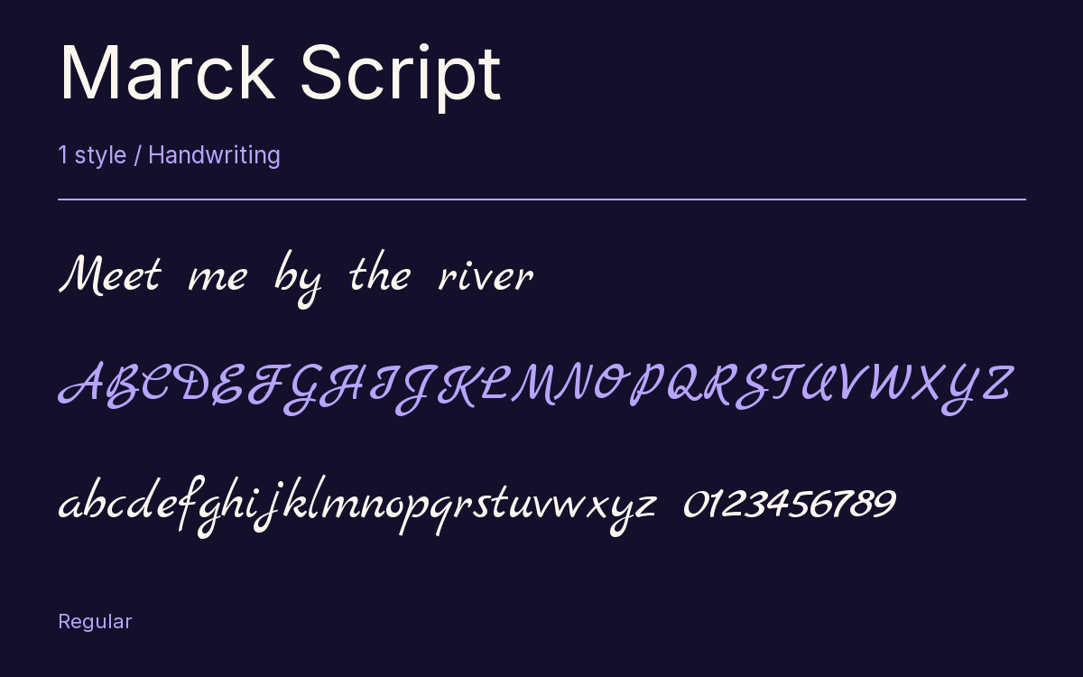 Marck Script type specimen with letters and figures