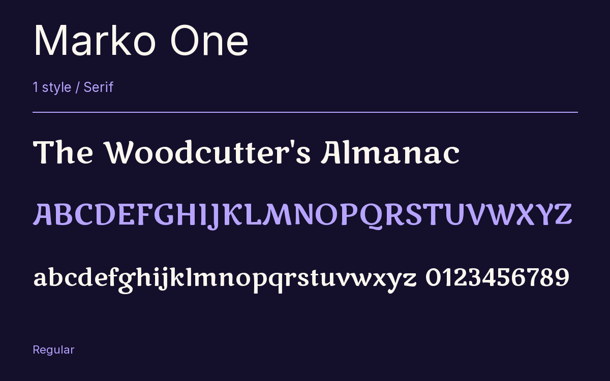 Marko One type specimen with letters and figures