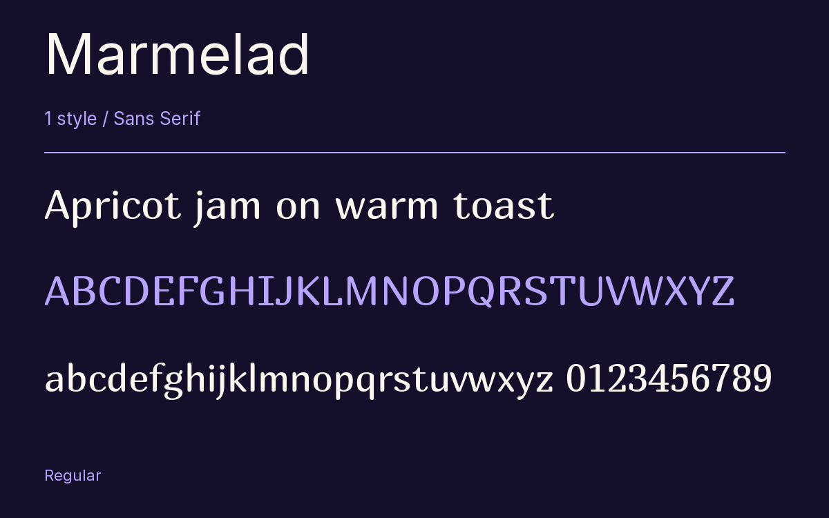 Marmelad type specimen with letters and figures