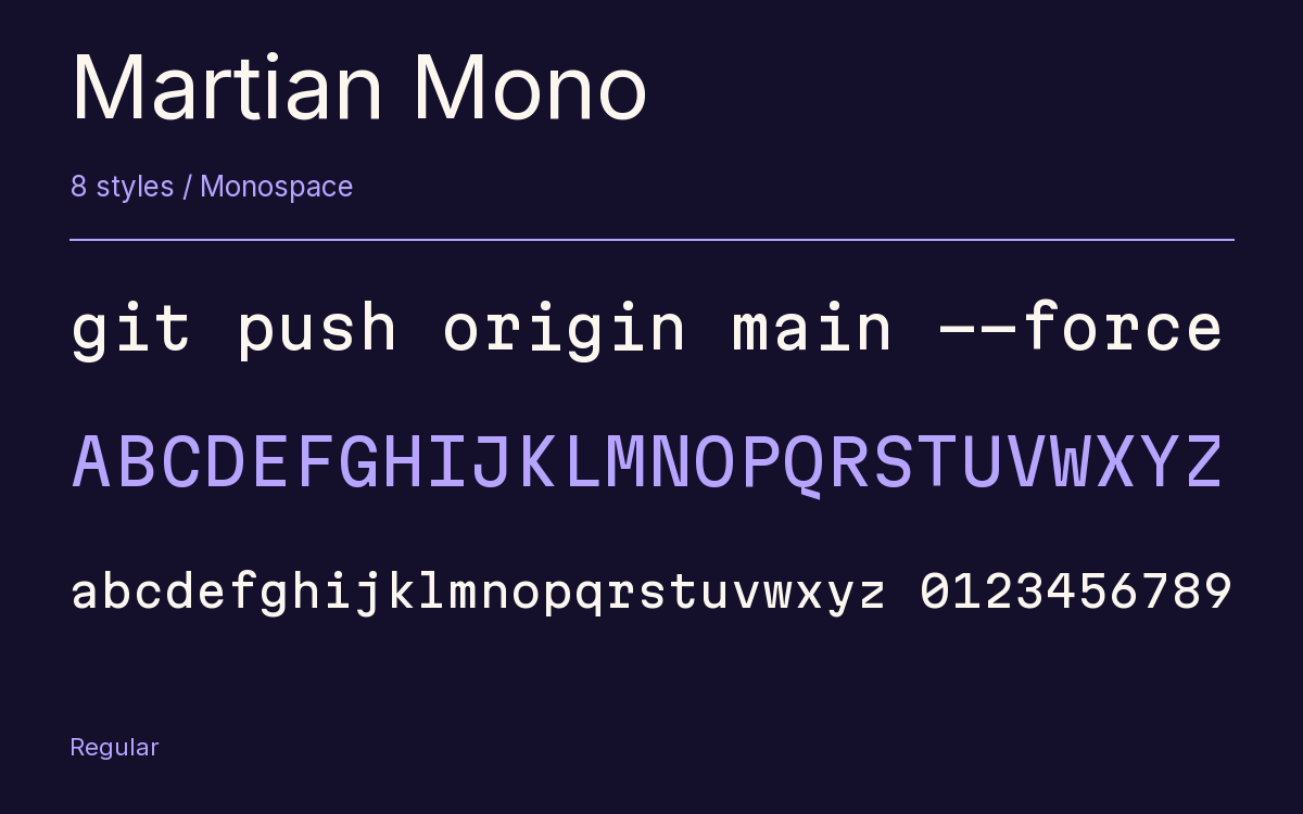 Martian Mono type specimen with letters and figures