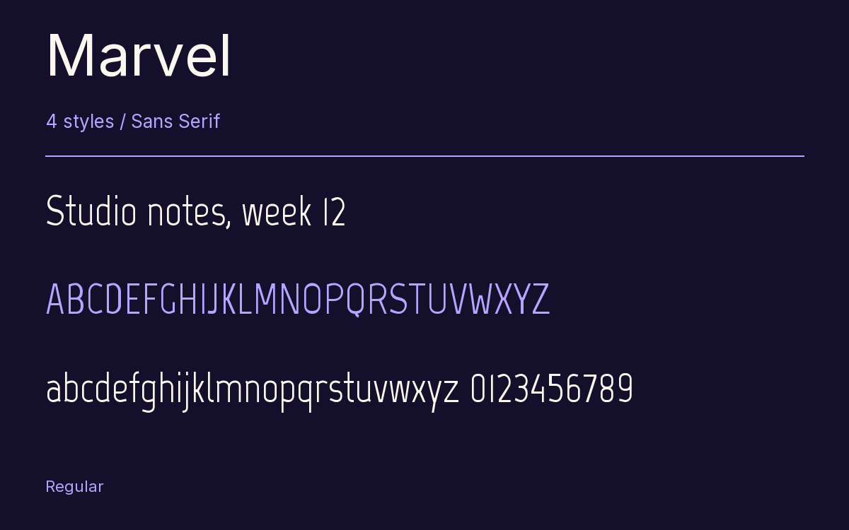 Marvel type specimen with letters and figures
