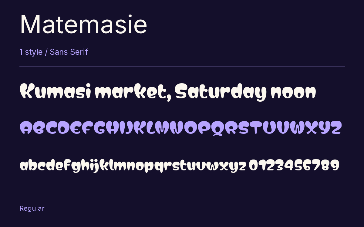 Matemasie type specimen with letters and figures