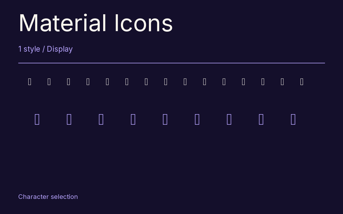 Material Icons type specimen with letters and figures