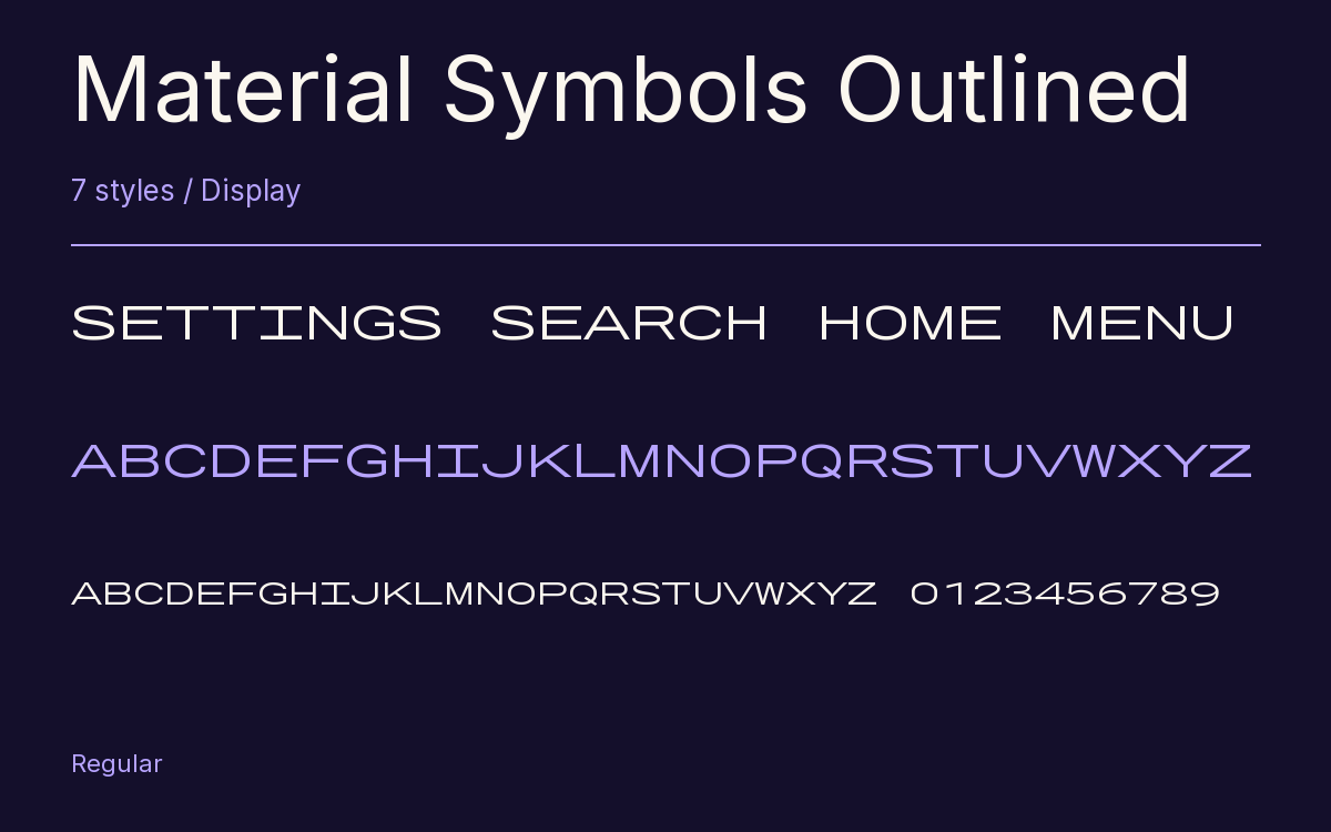 Material Symbols Outlined type specimen with letters and figures