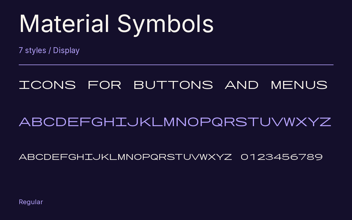Material Symbols type specimen with letters and figures