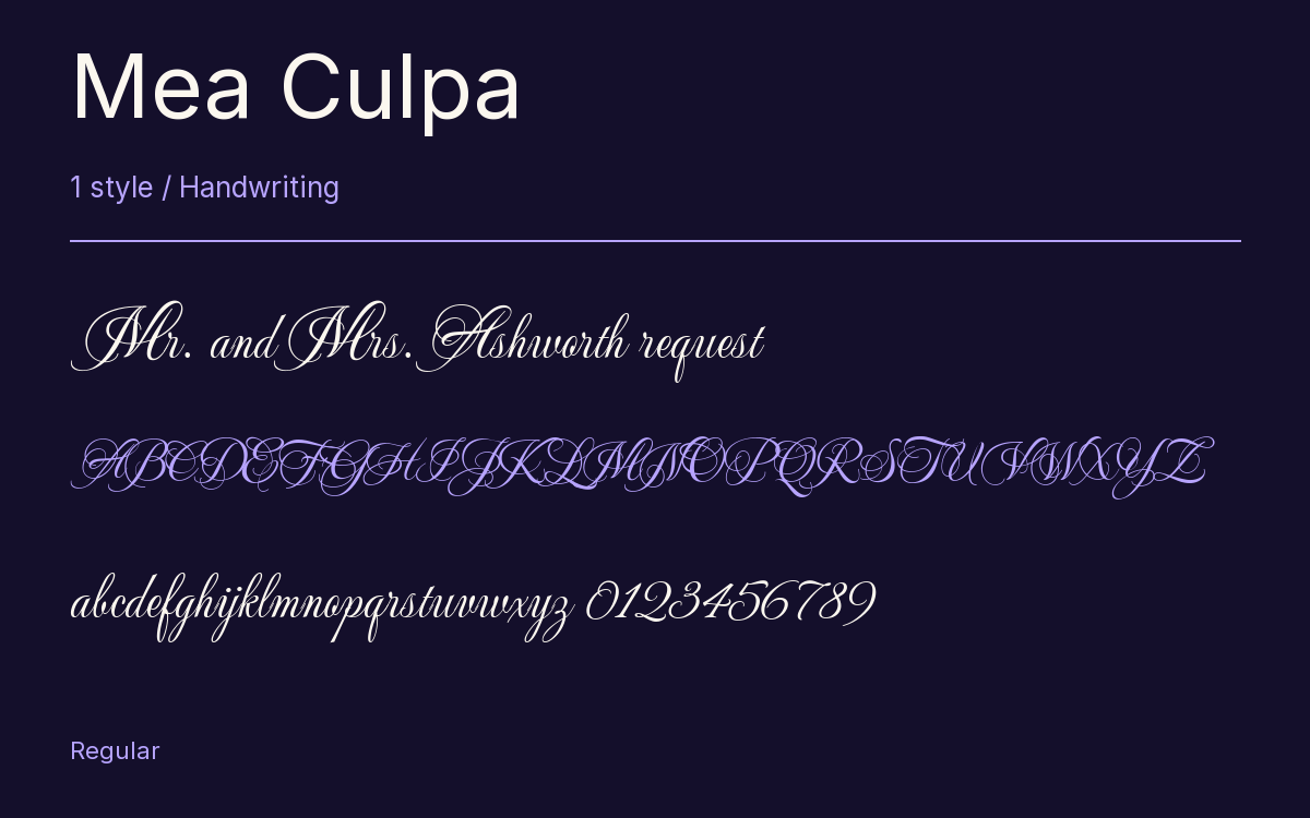 Mea Culpa type specimen with letters and figures