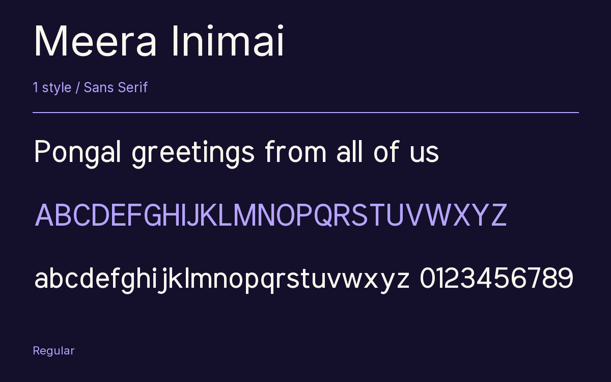 Meera Inimai type specimen with letters and figures