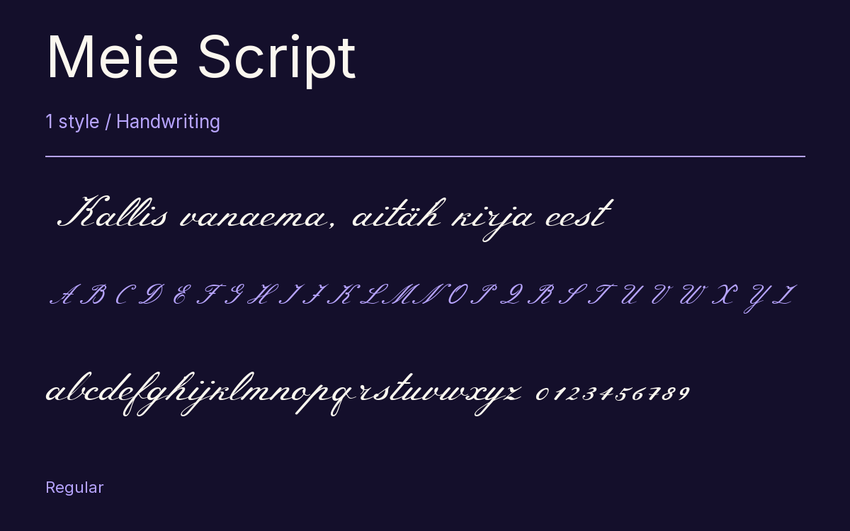 Meie Script type specimen with letters and figures