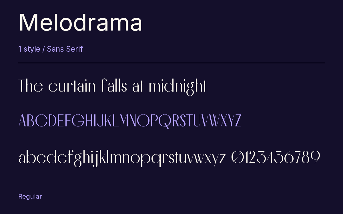 Melodrama type specimen with letters and figures