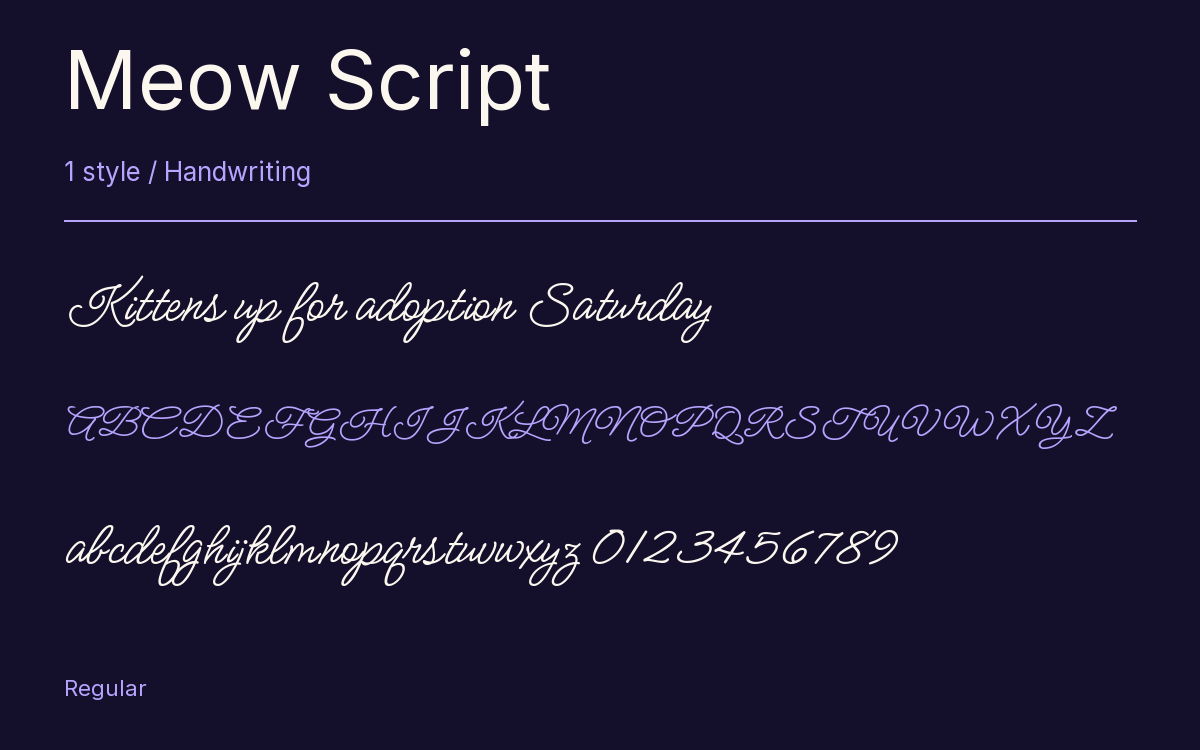Meow Script type specimen with letters and figures