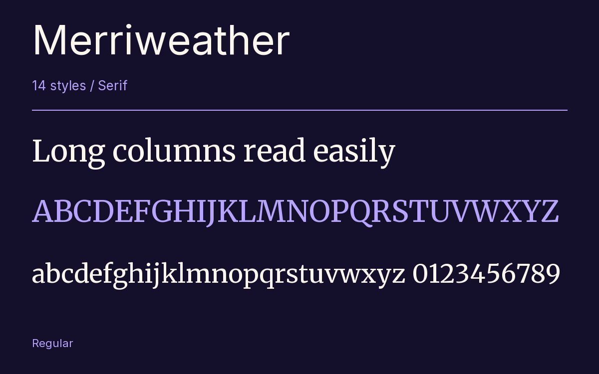 Merriweather type specimen comparing upright and italic styles