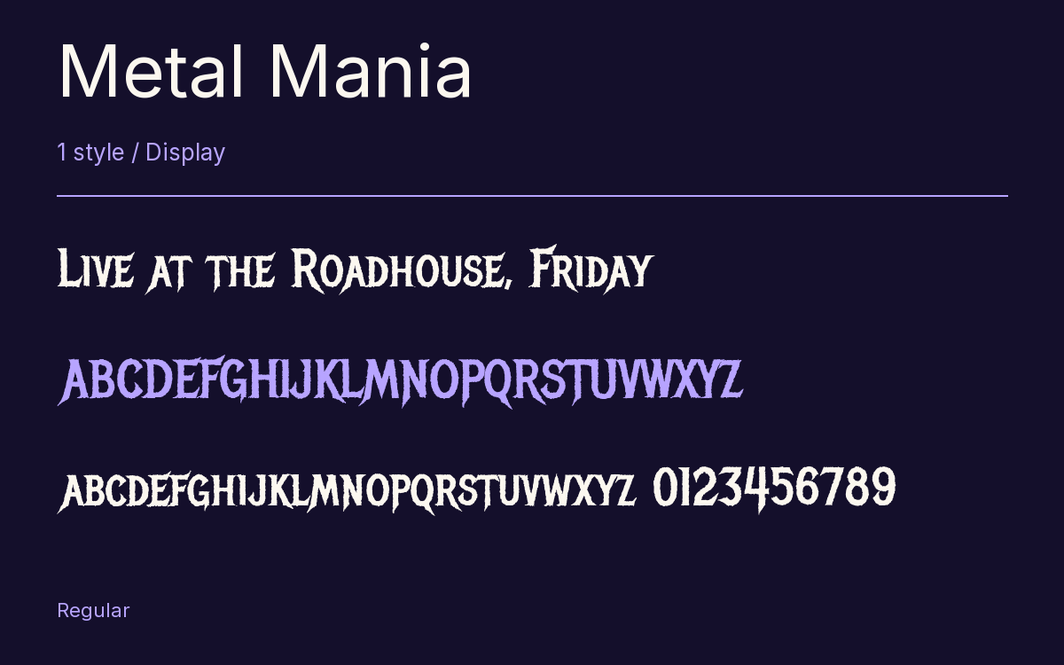 Metal Mania type specimen with letters and figures