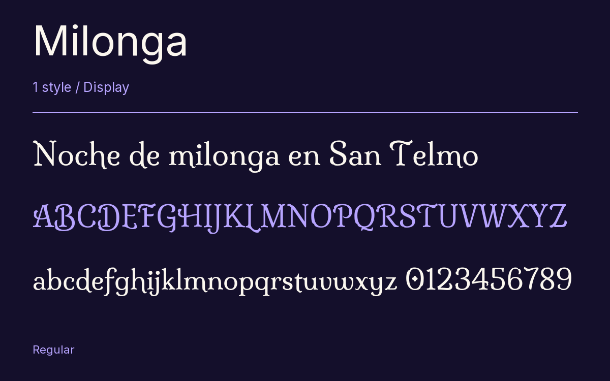 Milonga type specimen with letters and figures