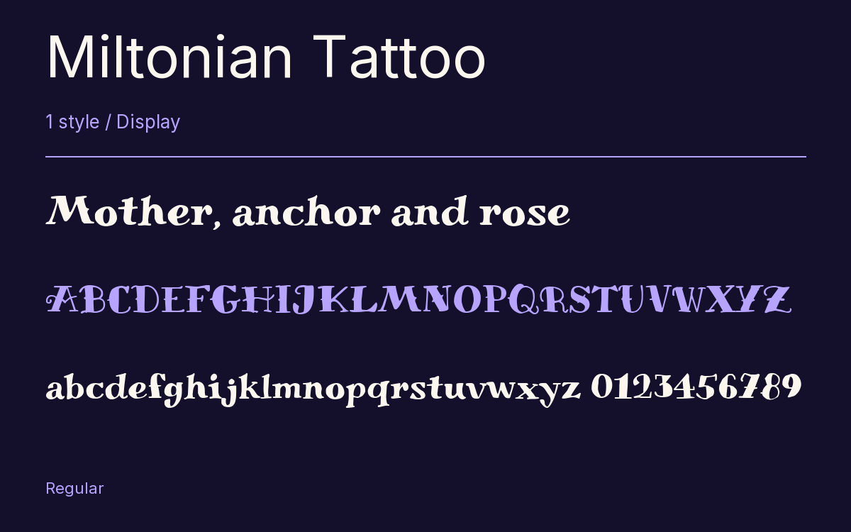 Miltonian Tattoo type specimen with letters and figures