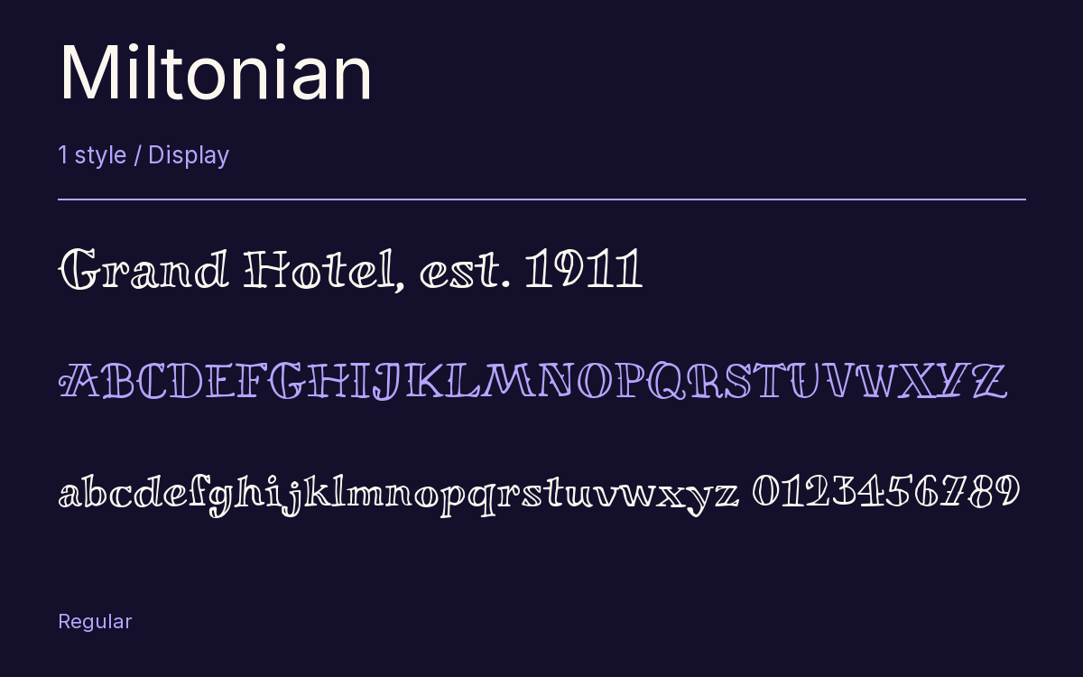 Miltonian type specimen with letters and figures